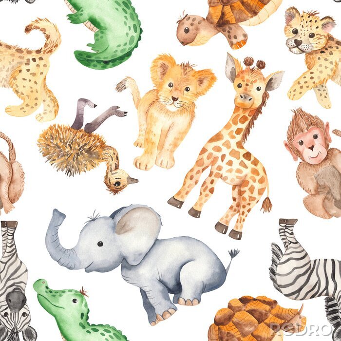 Sticker Watercolor pattern with cute cartoon animals of Africa. Texture for wallpaper, packaging, scrapbooking, textiles, fabrics, children's clothing and design.