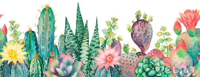Sticker Watercolor seamless border cactus pattern.