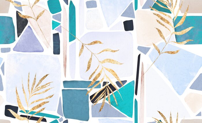 Sticker watercolor seamless pattern with tropic leaves and mosaic. Hand drawn background.  Botanic pattern for wallpaper or fabric. Exotic Tile.