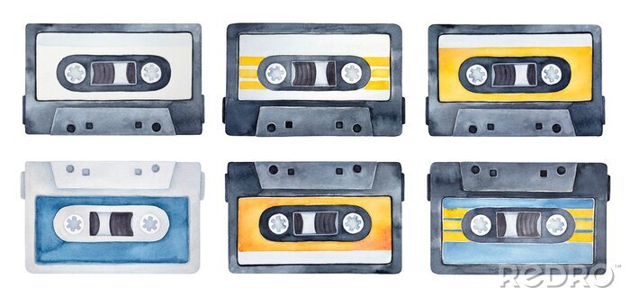 Sticker Watercolor set of vintage compact cassettes. Symbol of music, sound, playlist, audio equipment. Hand drawn watercolour graphic drawing on white, cutout clipart elements for creative design decoration.