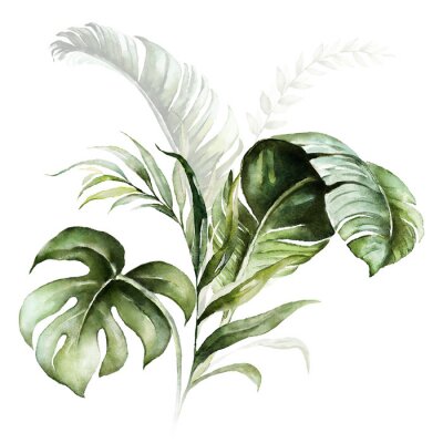 Sticker Watercolor tropical floral bouquet - green leaves. For wedding stationary, greetings, wallpapers, fashion, background.