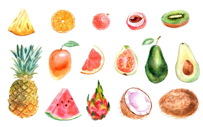 Sticker Watercolor tropical set of fruits on a white background