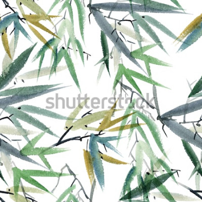 Sticker Waterverf en inktillustratie van bamboe in stijl sumi-e, u-zonde. Oosterse traditionele schilderkunst. Naadloze patroon