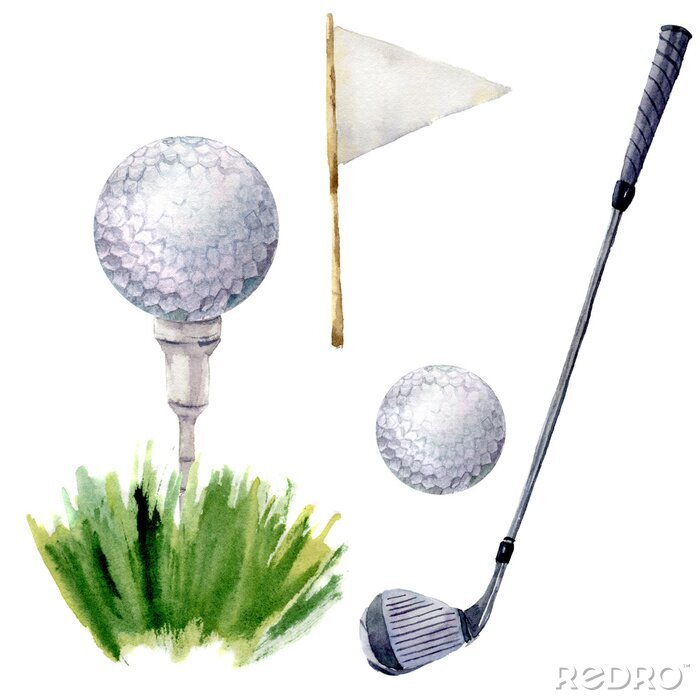 Sticker Waterverf het golf elementen. Golf illustratie met T-stuk, golfclub, golfbal, flagstick en gras op een witte achtergrond. Voor het ontwerp, achtergrond of wallpaper