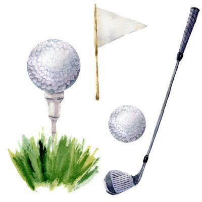 Sticker Waterverf het golf elementen. Golf illustratie met T-stuk, golfclub, golfbal, flagstick en gras op een witte achtergrond. Voor het ontwerp, achtergrond of wallpaper