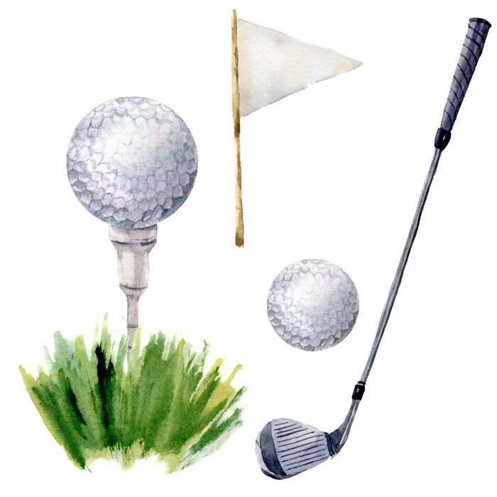 Sticker Waterverf het golf elementen. Golf illustratie met T-stuk, golfclub, golfbal, flagstick en gras op een witte achtergrond. Voor het ontwerp, achtergrond of wallpaper
