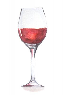 Sticker Waterverf het rode wijnglas. Mooie en elegante glazen met alcoholische drank. Art for menu decoratie.