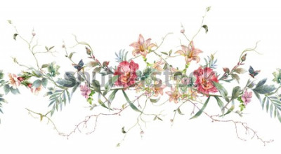 Sticker Waterverf het sign van blad en bloemen, naadloos patroon op witte achtergrond