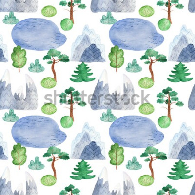 Sticker Waterverf naadloos patroon met bergen, bomen, zee. Textuur voor uitnodigingen, achtergronden, scrapbooking, spullen, test.
