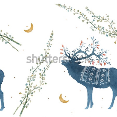 Sticker Waterverf naadloos patroon met Skandinavische elemententakken, grassprietjes.