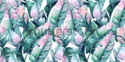 Sticker Waterverf tropisch naadloos patroon met banaanbladeren. Exotische bladeren achtergrond. Handgeschilderde natuurlijke illustratie voor dekking, achtergrond, afdrukken