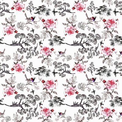 Behang Waterverfhand getrokken naadloos patroon met mooie bloemen en kleurrijke vogels op witte achtergrond.