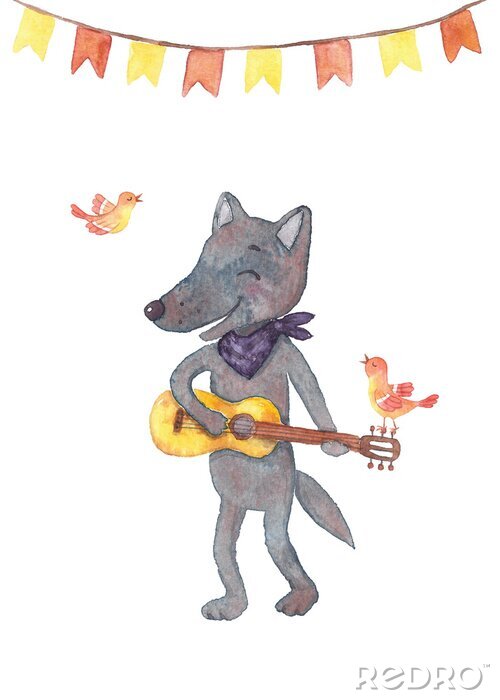 Sticker Waterverfillustratie van wolf met gitaar.