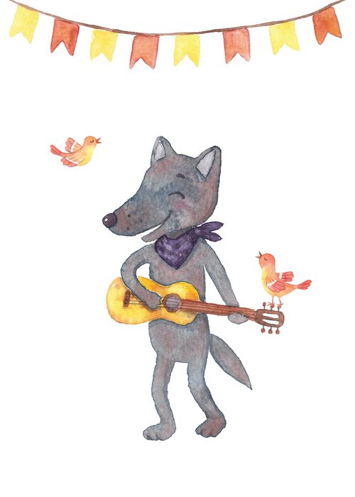 Sticker Waterverfillustratie van wolf met gitaar.