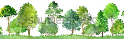 Sticker waterverflandschap met loofbomen, pijnboom, struiken en gras, naadloos patroon, abstracte aardachtergrond, bosgrens, hand getrokken illustratie