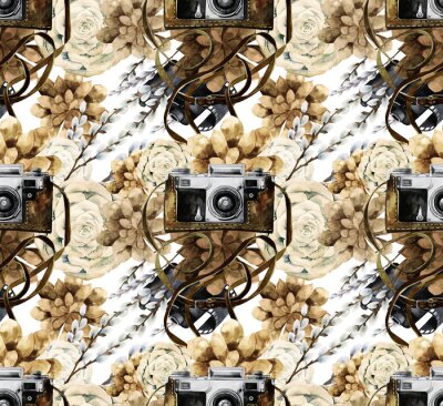 Sticker Waterverfpatroon met vintage camera en succulenten