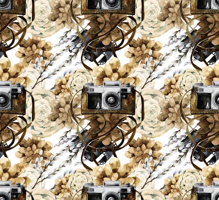 Sticker Waterverfpatroon met vintage camera en succulenten