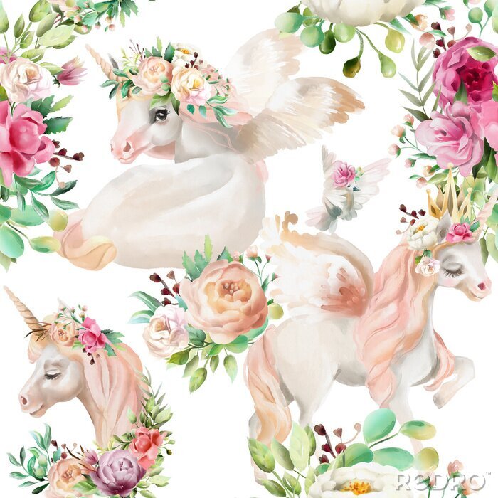 Sticker Waterverfpegasi onder prachtige bloemen