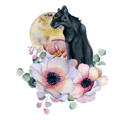 Sticker Waterverfsamenstelling met zwarte gewilde panter en bloemenpioenen, anemoon in een vorm van maan