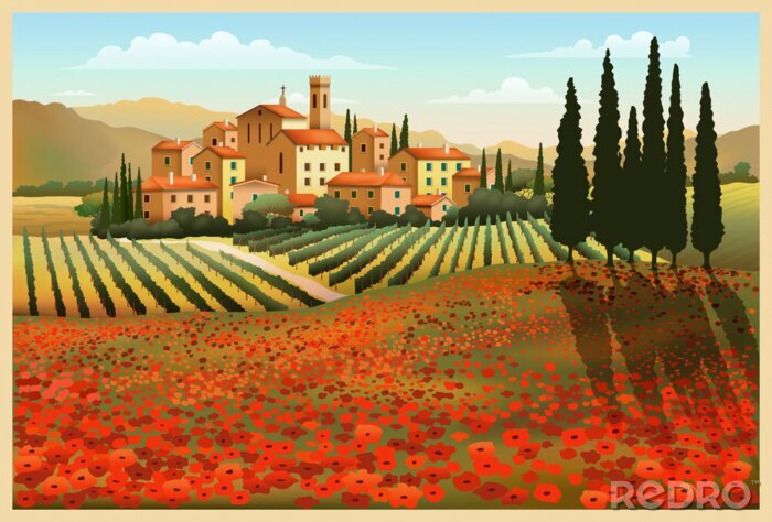 Sticker Weergave van de zomer in Toscane