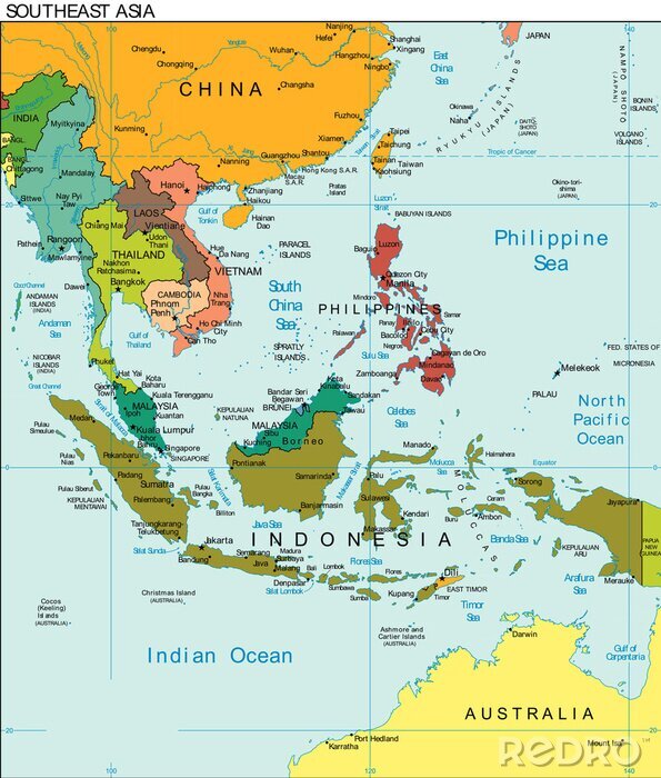 Sticker Wereld Aarde Zuidoost-Azië Continent Land Kaart
