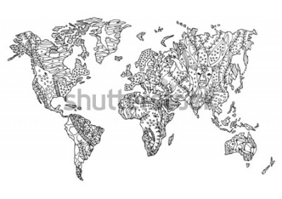 Sticker wereldkaart dierlijk wild wildlife bloem bloemschikken ontwerp vector illustratie hand getrokken