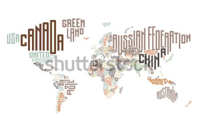 Sticker Wereldkaart gemaakt van typografische landnamen. Vector illustratie.