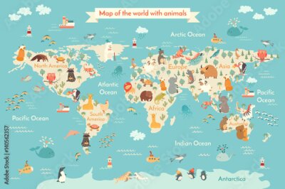 Sticker Wereldkaart met dieren