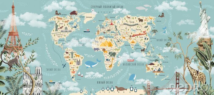 Sticker Wereldkaart met dieren en toeristische attracties in het Russisch