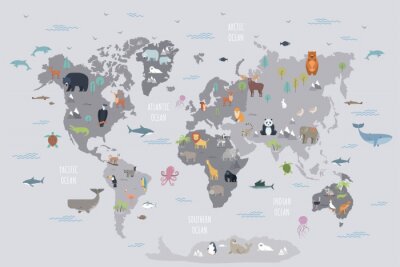  Wereldkaart met dieren op continenten en oceanen