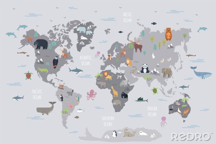 Sticker Wereldkaart met dieren op continenten en oceanen