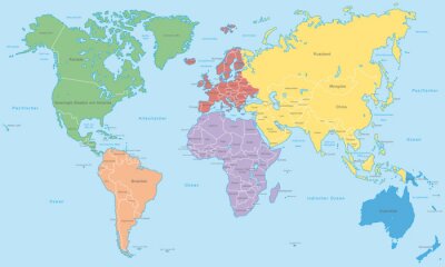 Wereldkaart met gekleurde continenten