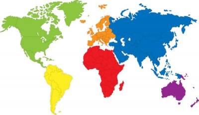 Wereldkaart met grenzen tussen continenten