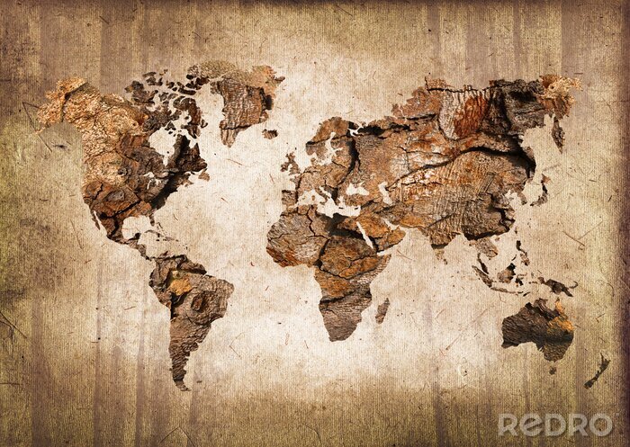 Sticker Wereldkaart met houten structuur op een verouderde achtergrond