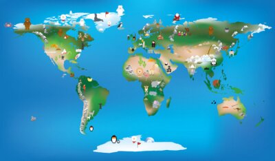 Sticker wereldkaart voor kinderen met behulp van cartoons van dieren en beroemde lan