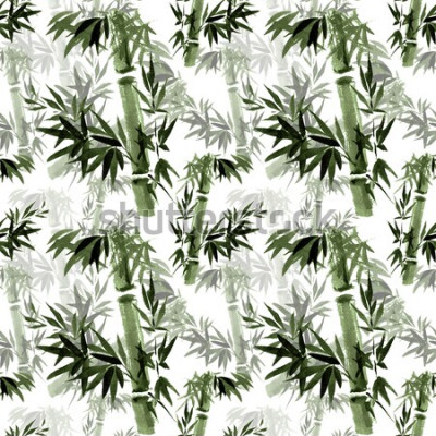 Sticker Werkzame bloemmotief. Het geritsel van bamboe in de wind. Oosterse traditionele kunst, aquarel, inkt, penseelvrij.