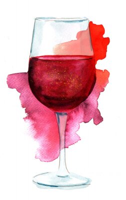 Sticker Wijn collage met waterverftekening van een glas rode wijn