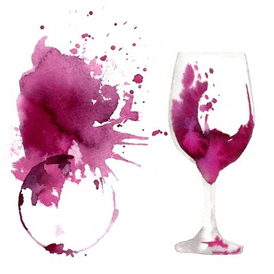 Sticker Wijn glas geschilderd met aquarellen op witte achtergrond. Studie van een glas wijn. Rode wijn. Abstracte vlekken en vlekken op het glas. Marsala kleur