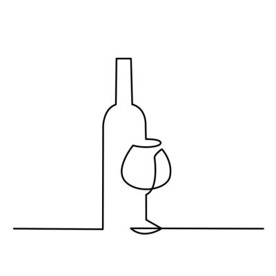 Sticker Wijnglas overzicht vector pictogram. Doorlopende lijn tekende een fles wijn en een glas.