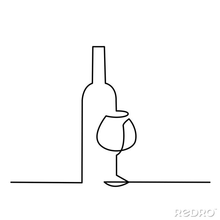 Sticker Wijnglas overzicht vector pictogram. Doorlopende lijn tekende een fles wijn en een glas.