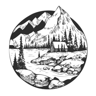 Sticker Wild natural landscape with mountains, lake, pines, rocks. Hand drawn illustration converted to vector.