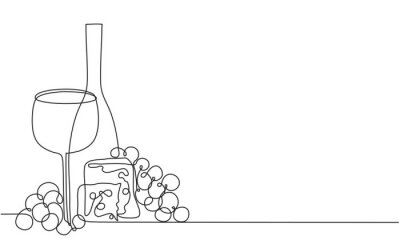 Sticker Wine glass, a bottle of wine and grapes. Still life. Sketch. Draw a continuous line. Decor. Vine and cheese