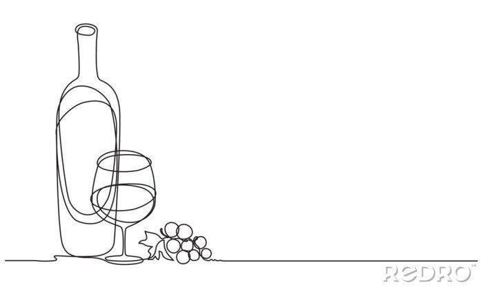 Sticker Wine glasses, a bottle of wine and grapes. Still life. Sketch. Draw a continuous line. Decor