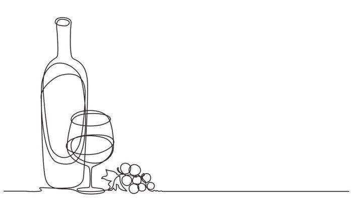 Sticker Wine glasses, a bottle of wine and grapes. Still life. Sketch. Draw a continuous line. Decor