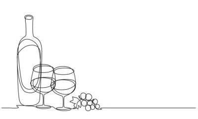 Sticker Wine glasses and bottle of wine. Vector. Continuous line drawing.