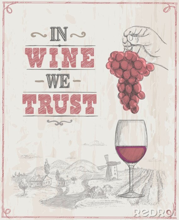 Sticker Wine poster with empty space for text and hand drawn graphic illustration with man hand holding bunch of grapes