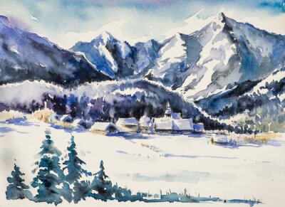 Sticker Winterlandschap - dorp bedekt met snow.Watercolors.