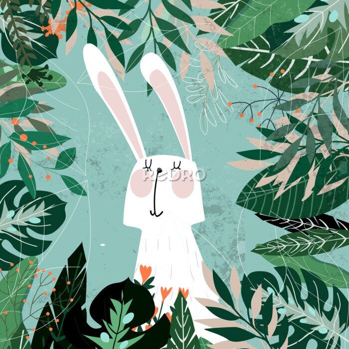 Sticker Wit konijntje tussen tropische bladeren