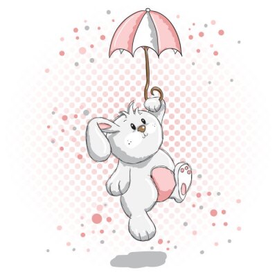 Wit pluizig konijn met een tweekleurige paraplu