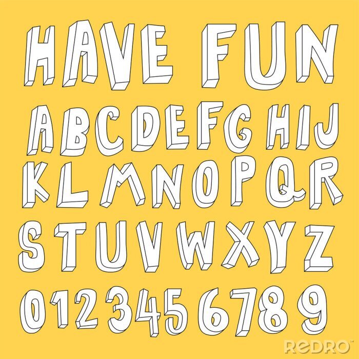 Sticker Witte alfabet en cijfers op een gele achtergrond